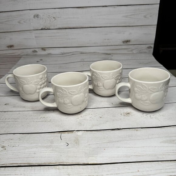 Gibson Fruit Embossed Coffee Cups & Saucers Set of 4 White Stoneware Tea - Picture 12 of 15